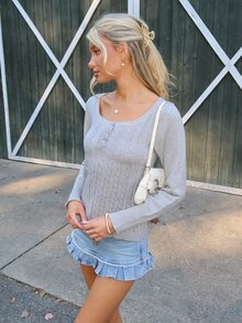 Sydney Algeri Women's Solid Color Autumn/Winter Ribbed U-Neck Button Casual Sexy Long Sleeve Sweater Top Going Out Date Light Grey - Grey - View 3