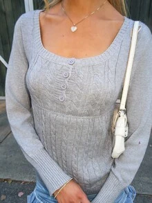 Sydney Algeri Women's Solid Color Autumn/Winter Ribbed U-Neck Button Casual Sexy Long Sleeve Sweater Top Going Out Date Light Grey - Grey - View 5