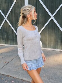 Sydney Algeri Women's Solid Color Autumn/Winter Ribbed U-Neck Button Casual Sexy Long Sleeve Sweater Top Going Out Date Light Grey - Grey - View 6