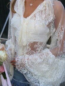 Sydney Algeri Áo kiểu dáng rộng rãi, màu trơn, viền ren xếp nếp, dành cho nữ, thích hợp cho mùa xuân/hè. - Màu be - Xem 6