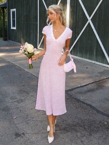 Sydney Algeri Đầm midi ôm sát dệt kim cổ V tay cánh hoa, eo nhún, họa tiết hoa phong cách Pháp lãng mạn đi du lịch màu trắng hồng - Màu xanh hải quân - Xem 1
