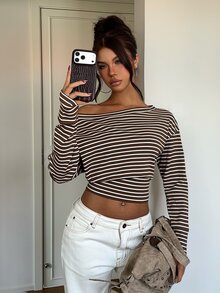 Aloruh 女款秋冬不對稱肩寬鬆上身緊身下身條紋T恤 - 咖啡棕 - 查看 6