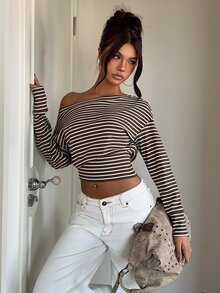 Aloruh 女款秋冬不對稱肩寬鬆上身緊身下身條紋T恤 - 咖啡棕 - 查看 2