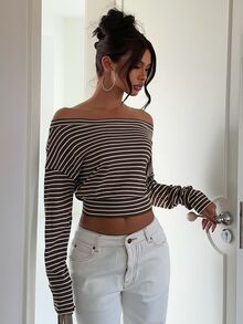 Aloruh 女款秋冬不對稱肩寬鬆上身緊身下身條紋T恤 - 咖啡棕 - 查看 5