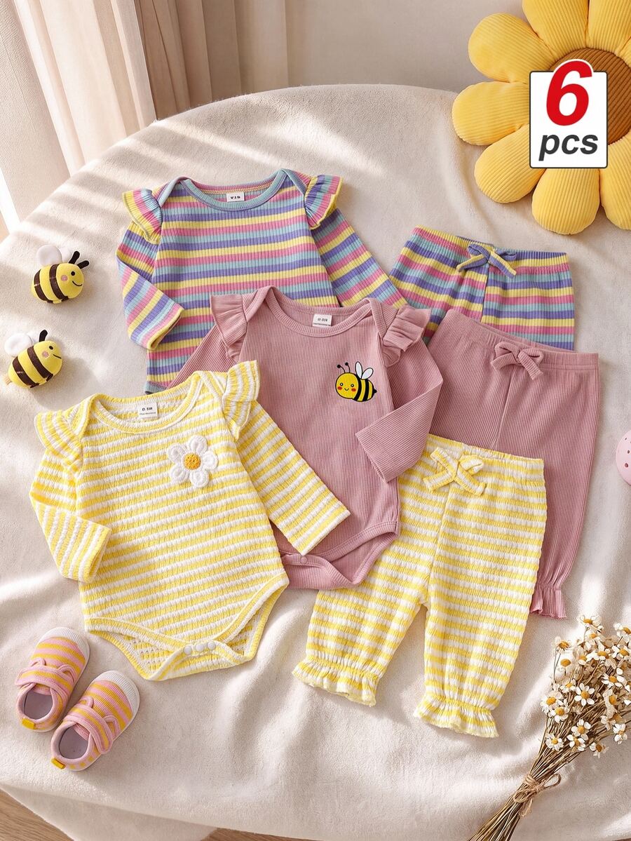 SHEIN Playful Pals 3件組女嬰可愛甜美條紋蜜蜂印花刺繡花朵荷葉袖長袖連身衣彈性腰長褲套裝,日常秋季穿著 - 彩色 - 查看 1