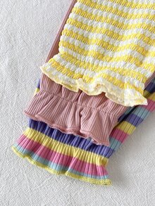 SHEIN Playful Pals 3件組女嬰可愛甜美條紋蜜蜂印花刺繡花朵荷葉袖長袖連身衣彈性腰長褲套裝，日常秋季穿著 - 彩色 - 查看 5