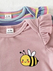 SHEIN Playful Pals 3件組女嬰可愛甜美條紋蜜蜂印花刺繡花朵荷葉袖長袖連身衣彈性腰長褲套裝，日常秋季穿著 - 彩色 - 查看 3