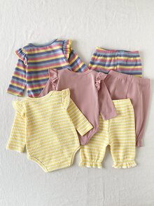 SHEIN Playful Pals 3件組女嬰可愛甜美條紋蜜蜂印花刺繡花朵荷葉袖長袖連身衣彈性腰長褲套裝，日常秋季穿著 - 彩色 - 查看 2