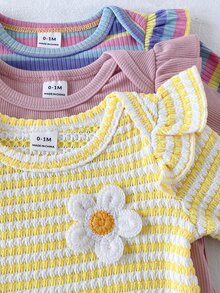SHEIN Playful Pals 3件組女嬰可愛甜美條紋蜜蜂印花刺繡花朵荷葉袖長袖連身衣彈性腰長褲套裝，日常秋季穿著 - 彩色 - 查看 7