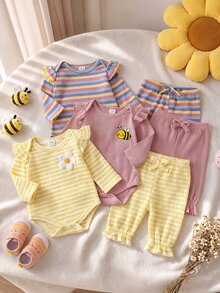 SHEIN Playful Pals 3件組女嬰可愛甜美條紋蜜蜂印花刺繡花朵荷葉袖長袖連身衣彈性腰長褲套裝，日常秋季穿著 - 彩色 - 查看 9