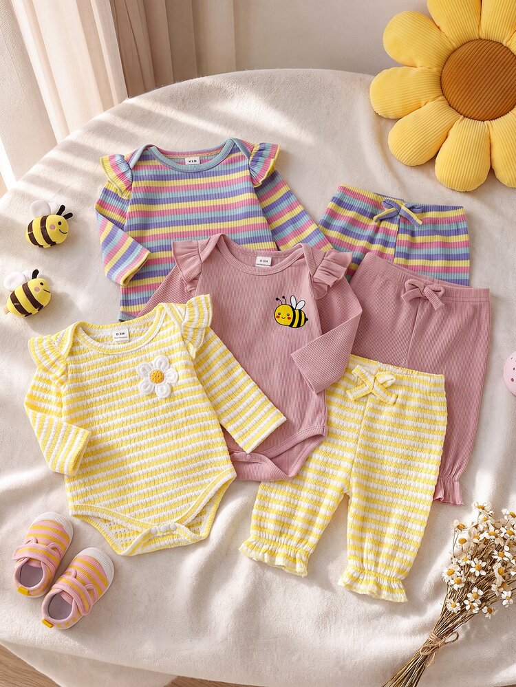 SHEIN Playful Pals 3pcs/Set Baby Girl Cute Sweet Striped Bee Print Embroidered Flower Flutter Sleeve Long Sleeve Bodysuit Elastic Waist Long Pants Set, Daily Autumn - Multicolor - View 9