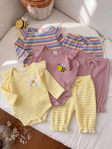 SHEIN Playful Pals 3件組女嬰可愛甜美條紋蜜蜂印花刺繡花朵荷葉袖長袖連身衣彈性腰長褲套裝，日常秋季穿著 - 彩色 - 查看 4