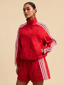 Travachic 女款時尚刺繡鏤空長袖夾克與紅白條紋拼接短褲兩件套,旅行秋季街頭運動風 - 紅色 - 查看 7