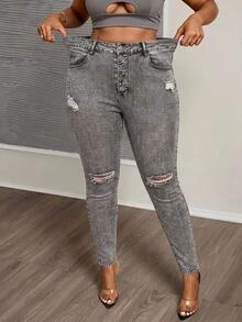 Slaydiva Plus Size Women Y2K Baggy Casual Goth Fall Grey Rhinestone Sparkly High Waist Wide Leg Jeans Vintage Washed Vacation Formal Denim Pants - Black - View 2