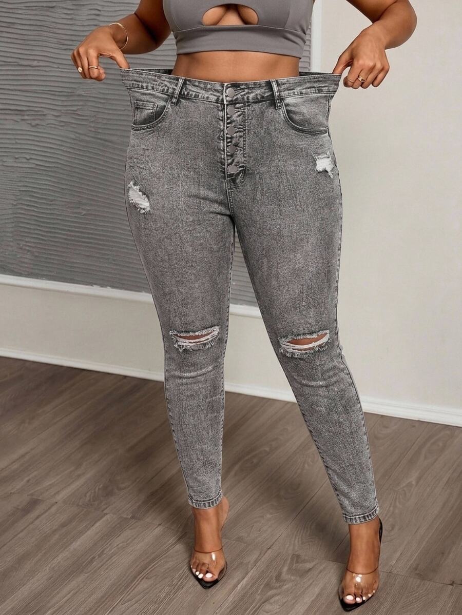 Slaydiva Plus Size Women Y2K Baggy Casual Goth Fall Grey Rhinestone Sparkly High Waist Wide Leg Jeans Vintage Washed Vacation Formal Denim Pants
