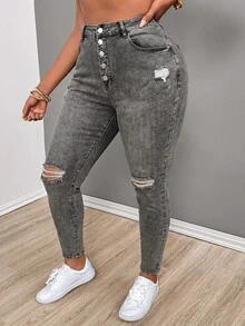 Slaydiva Plus Size Women Y2K Baggy Casual Goth Fall Grey Rhinestone Sparkly High Waist Wide Leg Jeans Vintage Washed Vacation Formal Denim Pants - Black - View 6