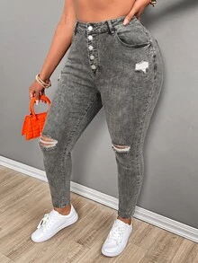Slaydiva Plus Size Women Y2K Baggy Casual Goth Fall Grey Rhinestone Sparkly High Waist Wide Leg Jeans Vintage Washed Vacation Formal Denim Pants - Black - View 5