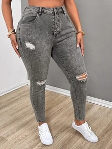 Slaydiva Plus Size Women Y2K Baggy Casual Goth Fall Grey Rhinestone Sparkly High Waist Wide Leg Jeans Vintage Washed Vacation Formal Denim Pants - Black - View 8