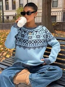 Muchica Women's Autumn/Winter New Blue Fair Isle Geometric Pattern Casual Loose Round Neck Sweater For Going Out, Streetwear, Fall Winter 2026 - Blue - View 6