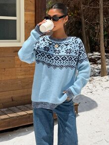 Muchica Women's Autumn/Winter New Blue Fair Isle Geometric Pattern Casual Loose Round Neck Sweater For Going Out, Streetwear, Fall Winter 2026 - Blue - View 4