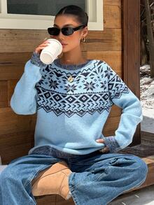 Muchica Women's Autumn/Winter New Blue Fair Isle Geometric Pattern Casual Loose Round Neck Sweater For Going Out, Streetwear, Fall Winter 2026 - Blue - View 3