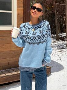 Muchica Women's Autumn/Winter New Blue Fair Isle Geometric Pattern Casual Loose Round Neck Sweater For Going Out, Streetwear, Fall Winter 2026 - Blue - View 7