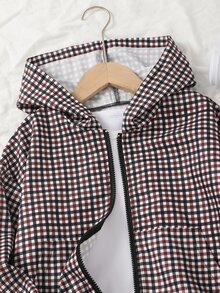 SHEIN 青少年女孩秋季服飾復古黑白波點連帽夾克，寬鬆版型，連帽拉鍊開襟 - 黑色 - 查看 6