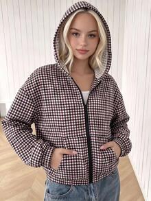 SHEIN 青少年女孩秋季服飾復古黑白波點連帽夾克，寬鬆版型，連帽拉鍊開襟 - 黑色 - 查看 3
