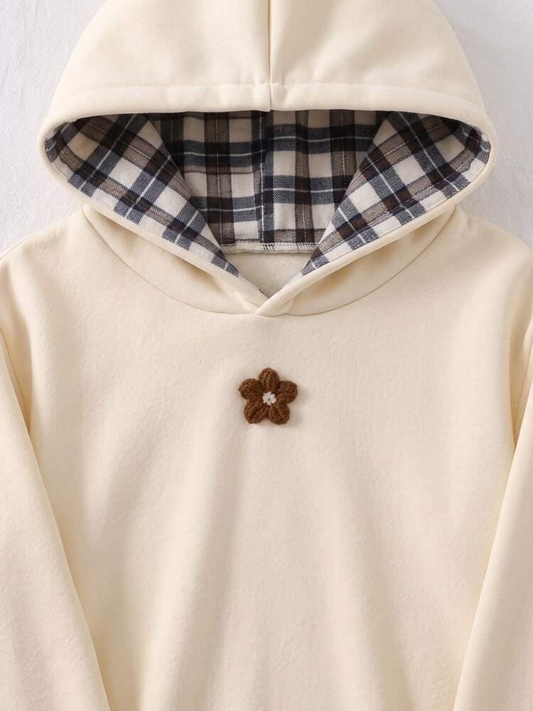 SHEIN Girls' Casual Minimalist Cute Fashion Holiday Vacation Outdoor Play Commute Gathering Campus Comfortable Knitted Polyester Digital Print Plaid Pattern Apricot Hooded 3D Floral Decor Ribbed Long Sleeve Versatile Autumn/Winter Back To School Sweatshirt - Apricot - View 1