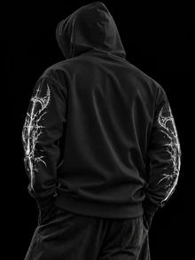 Sport MetroGents Men's Gothic Print Drop Shoulder Long Sleeve Pocket Hooded Sweatshirt - Black - View 2
