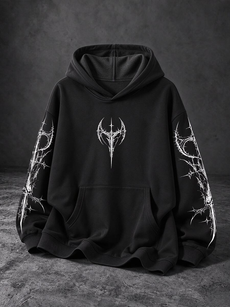Sport MetroGents Men's Gothic Print Drop Shoulder Long Sleeve Pocket Hooded Sweatshirt - Black - View 1