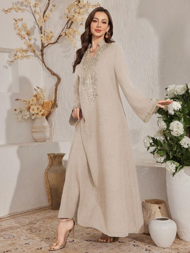 Al Najma Elegant Embroidered Collar And Flared Sleeve Dress, Modest - Apricot - View 7