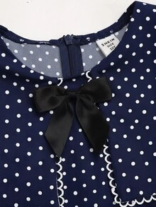 SHEIN Tween少女青少年女孩洋裝 早秋休閒優雅黑白波點印花收腰洋裝 女孩洋裝 波點洋裝 - 藍色 - 查看 3