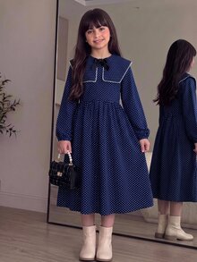 SHEIN Tween少女青少年女孩洋裝 早秋休閒優雅黑白波點印花收腰洋裝 女孩洋裝 波點洋裝 - 藍色 - 查看 5