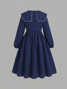 SHEIN Tween少女青少年女孩洋裝 早秋休閒優雅黑白波點印花收腰洋裝 女孩洋裝 波點洋裝 - 藍色 - 查看 2