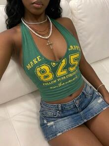 Fiercella Fiercella Women's Green And Yellow Summer Streetwear Y2k Night Numeric College Print Spaghetti Strap Top, Girly 2000s Style Music Festivals Going Out Night Out Casual - Green - View 3