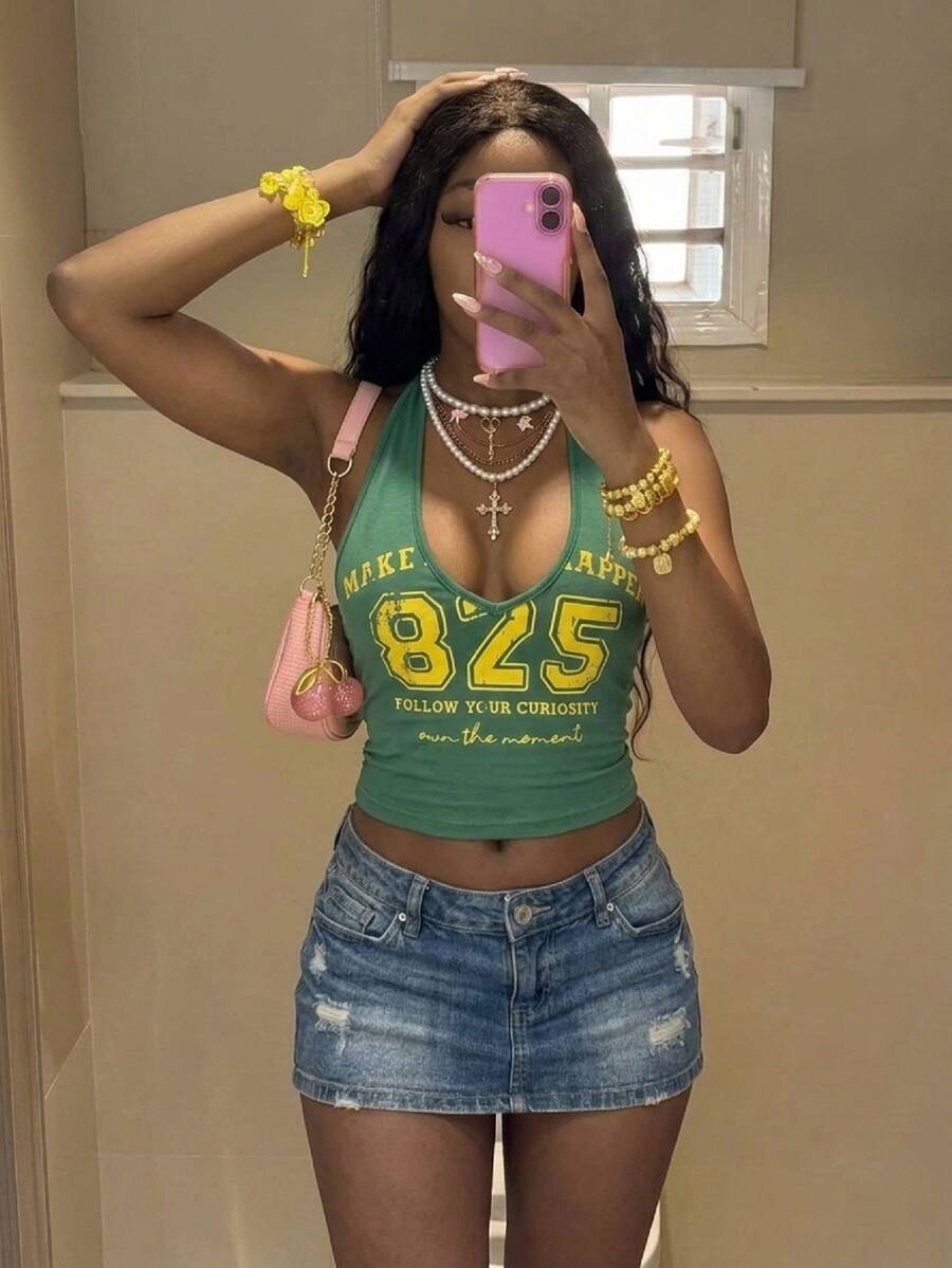 Fiercella Fiercella Women's Green And Yellow Summer Streetwear Y2k Night Numeric College Print Spaghetti Strap Top, Girly 2000s Style Music Festivals Going Out Night Out Casual