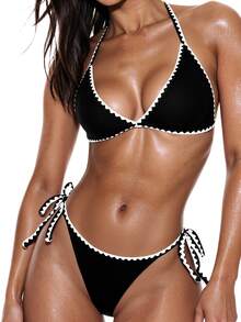 Swim Basics Women's Contrast Trim Halter Bikini Set And Tied Swim Bottoms 2-Piece Bikini Set Summer Beach - Black - View 6