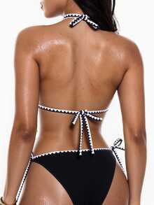 Swim Basics Women's Contrast Trim Halter Bikini Set And Tied Swim Bottoms 2-Piece Bikini Set Summer Beach - Black - View 3