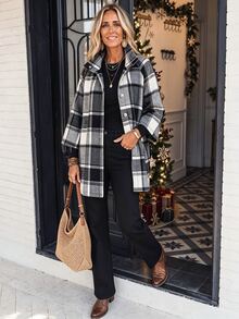 LanaWest Women's Grey Plaid Casual Autumn/Winter Office Fashion High Neck Metal Button Design Pleated A-Line Jacket - Grey - View 4