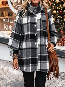 LanaWest Women's Grey Plaid Casual Autumn/Winter Office Fashion High Neck Metal Button Design Pleated A-Line Jacket - Grey - View 3