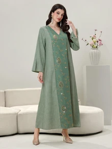 Al Najma 刺绣亮片撞色拼接V领开衩下摆迷人连衣裙 - 綠色 - 查看 6