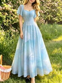Modelyn Ditsy Floral Pleated Cap Sleeve Dress, Elegant Waist Cinched Long Dress For Summer Vacation And Daily Wear - Multicolor - View 5