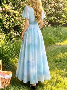 Modelyn Ditsy Floral Pleated Cap Sleeve Dress, Elegant Waist Cinched Long Dress For Summer Vacation And Daily Wear - Multicolor - View 2