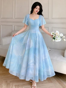 Modelyn Ditsy Floral Pleated Cap Sleeve Dress, Elegant Waist Cinched Long Dress For Summer Vacation And Daily Wear - Multicolor - View 1
