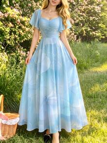 Modelyn Ditsy Floral Pleated Cap Sleeve Dress, Elegant Waist Cinched Long Dress For Summer Vacation And Daily Wear - Multicolor - View 3
