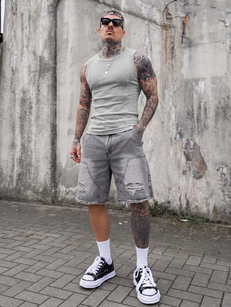 Artur Kramer Áo ba lỗ nam màu trơn cổ tròn gân rãnh dáng rộng casual tập gym màu xám mùa hè - Màu Xám nhạt - Xem 1