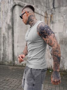 Artur Kramer 男士素色圓領羅紋休閒寬鬆背心，灰色，健身夏季款 - 淺灰色 - 查看 5