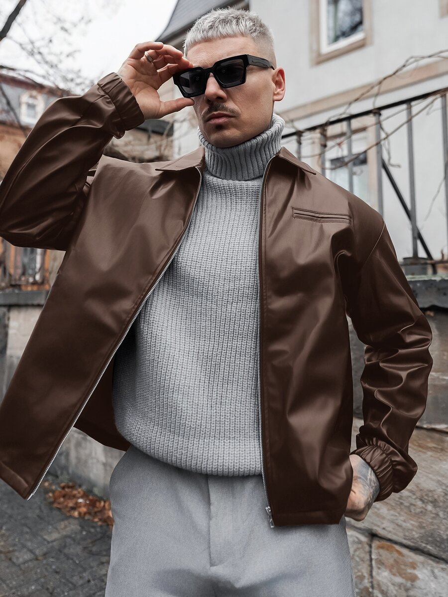 Artur Kramer Men's Woven Fashion Casual Young PU Leather Fitted Long Sleeve Zip Jacket, For Spring, Outdoor - Brown - View 1