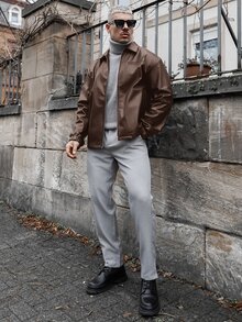 Artur Kramer Men's Woven Fashion Casual Young PU Leather Fitted Long Sleeve Zip Jacket, For Spring, Outdoor - Brown - View 5